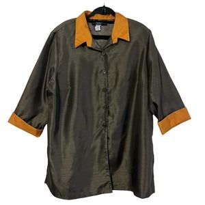 Russell Kemp Woman Top Size 22 Button Up Tunic Green Orange 3/4 Sleeve Collared